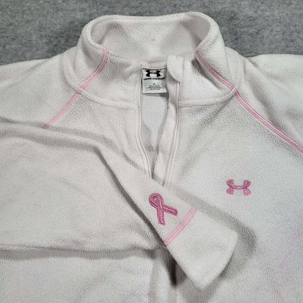 Under Armour Women's Medium White Pink 1/4 Zip Fleece Breast Cancer Pink Ribbon